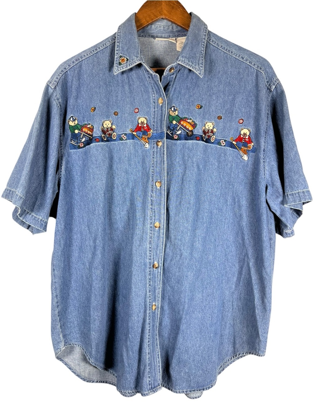 Bobbie Brooks Embroidered Denim Button Shirt Womens L Teddy Bears Garden Cottage
